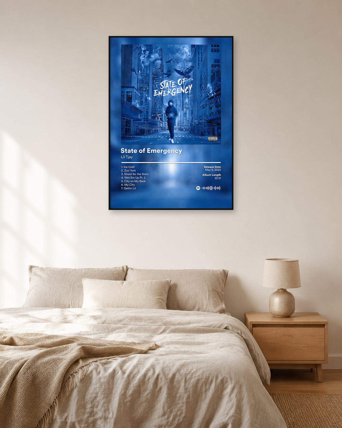 Lil Tjay State of Emergency Blue City Tracklist poster — natural-light bedroom display