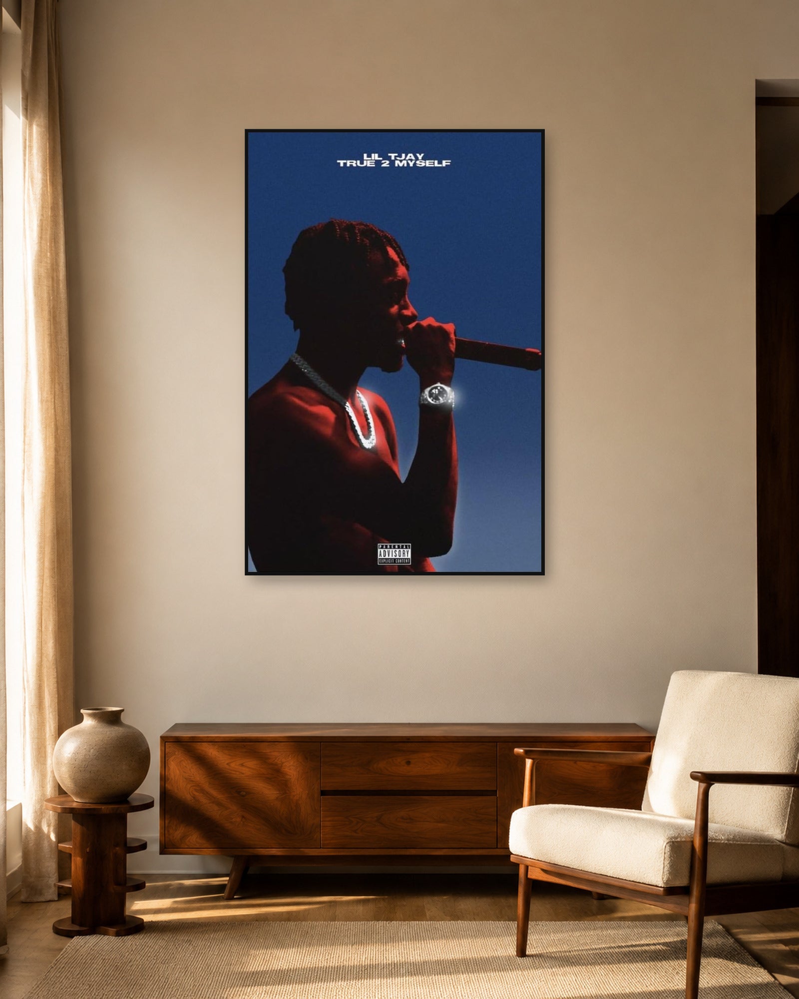 Lil Tjay True 2 Myself Blue Performance poster — warm mid-century living room display