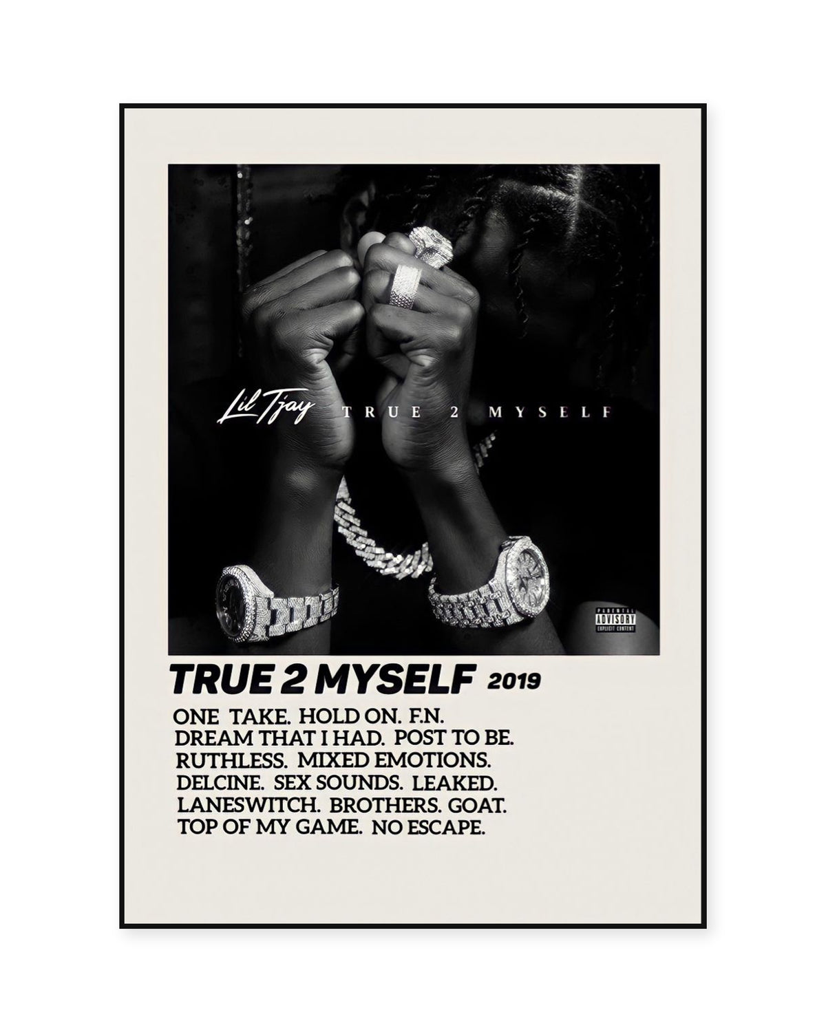 Lil Tjay True 2 Myself Cream Tracklist poster — front view in a thin black display frame