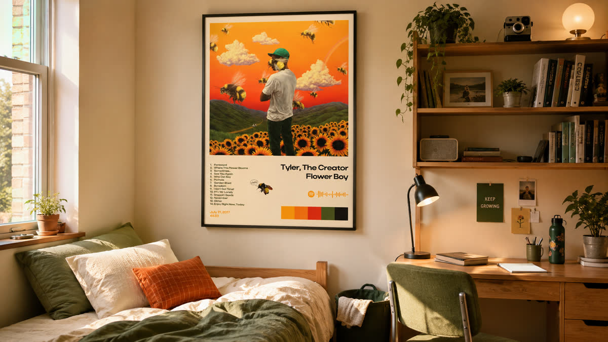 Music poster styled in a warm dorm room