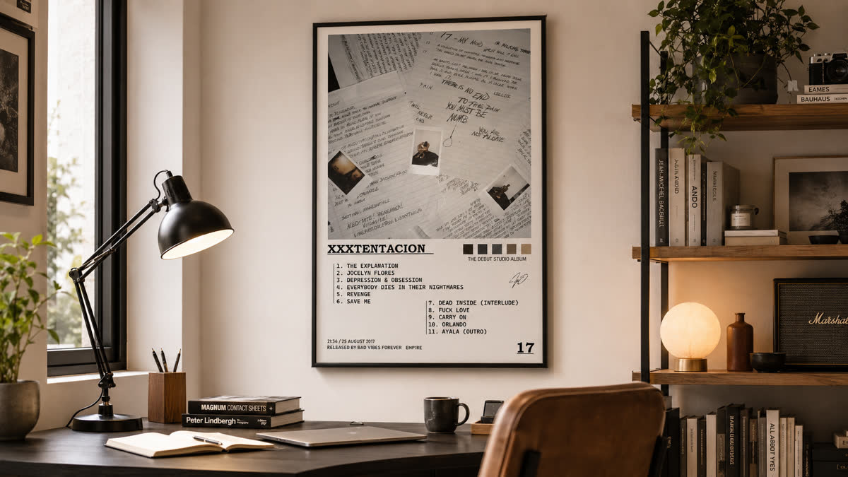 Music poster above a desk workspace